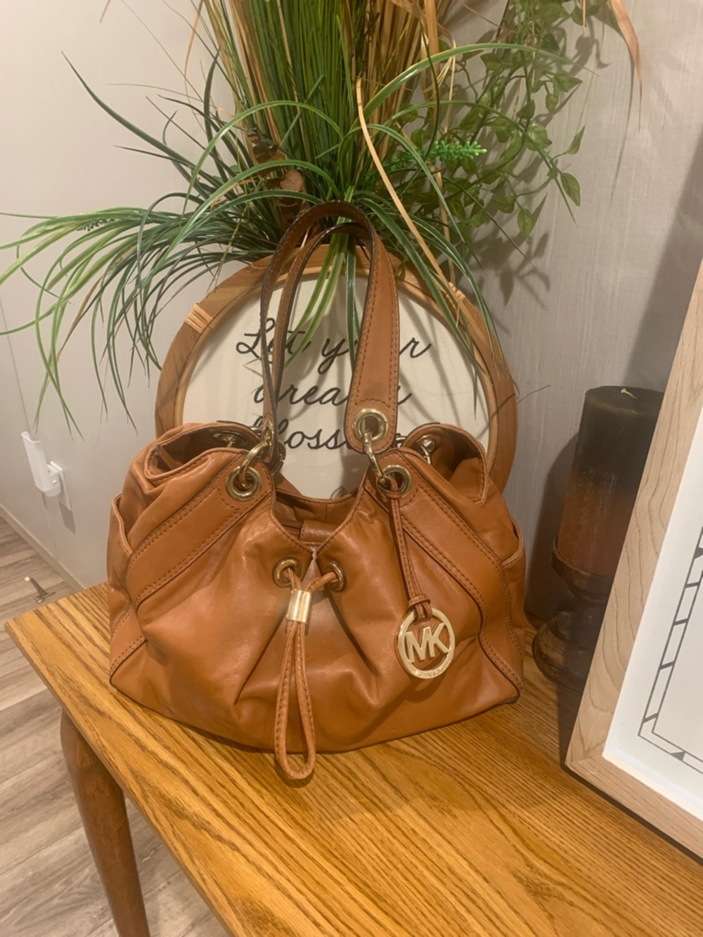 Michael Kors Ludlow Cognac Leather Drawstring Shoulder Bag with Gold Accents